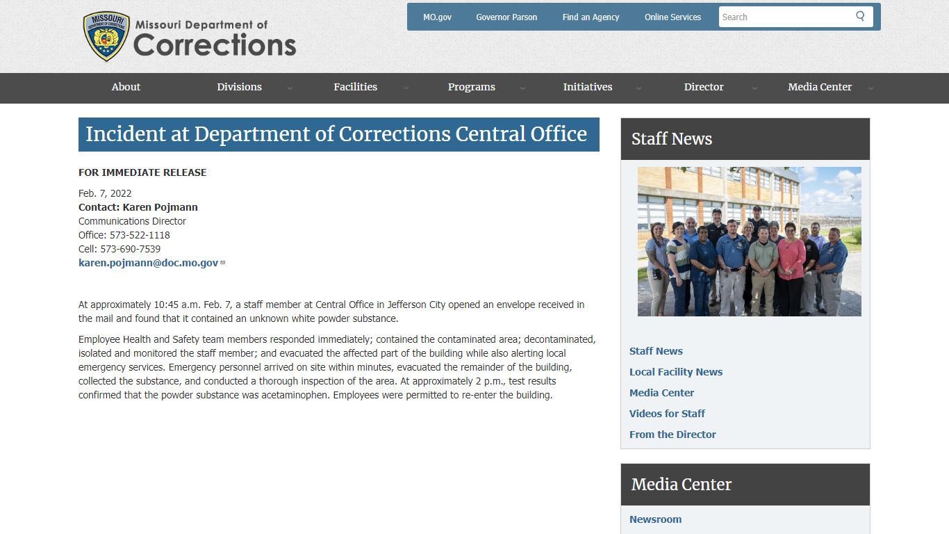 Incident at Department of Corrections Central Office | Missouri ...