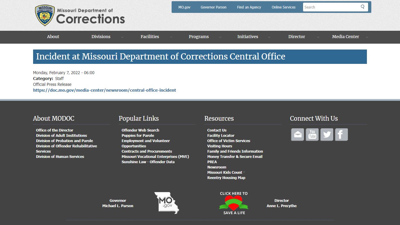 Incident at Missouri Department of Corrections Central Office